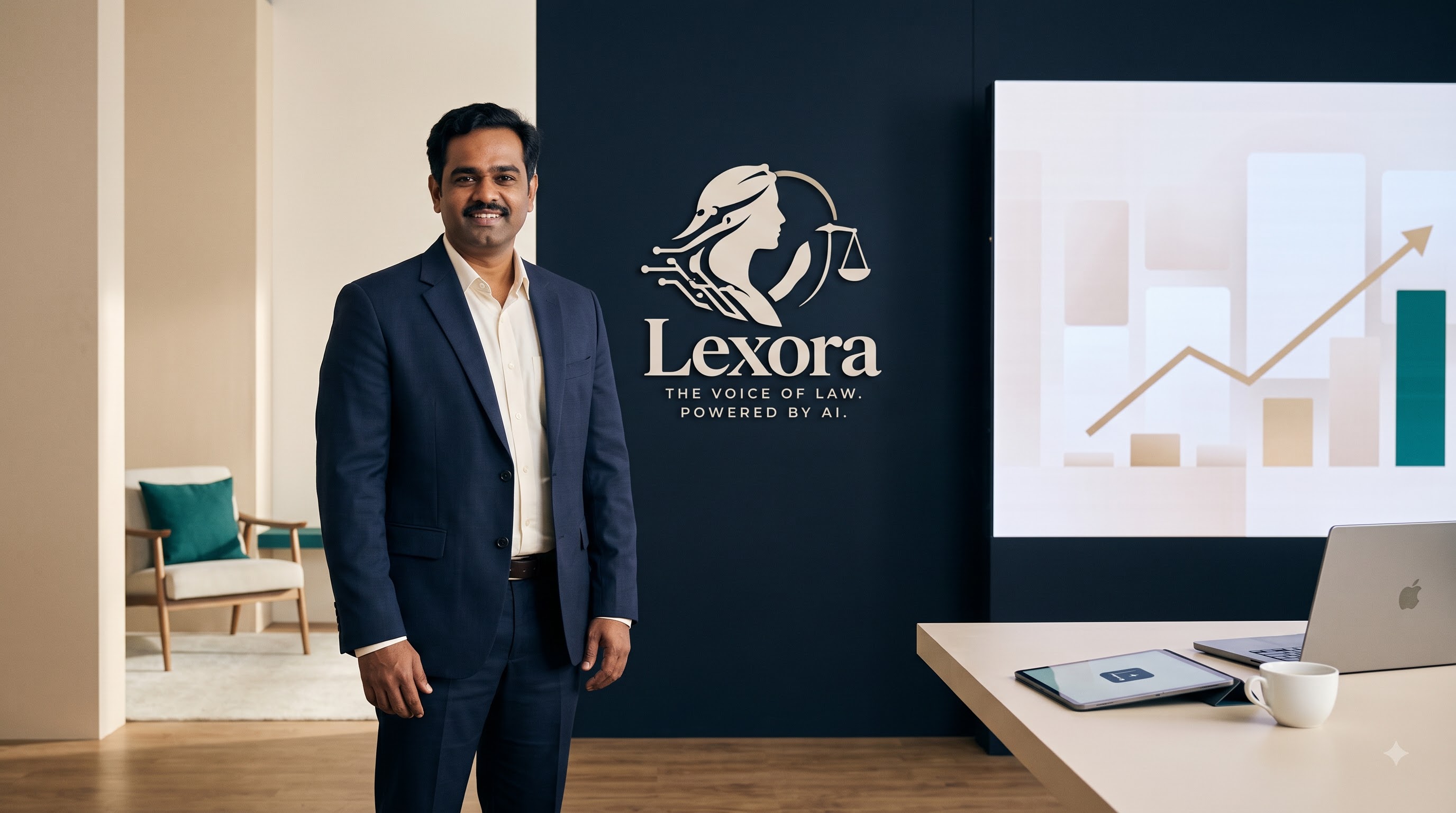 The founder standing beside the Lexora emblem in a dark studio, with charts on a screen.