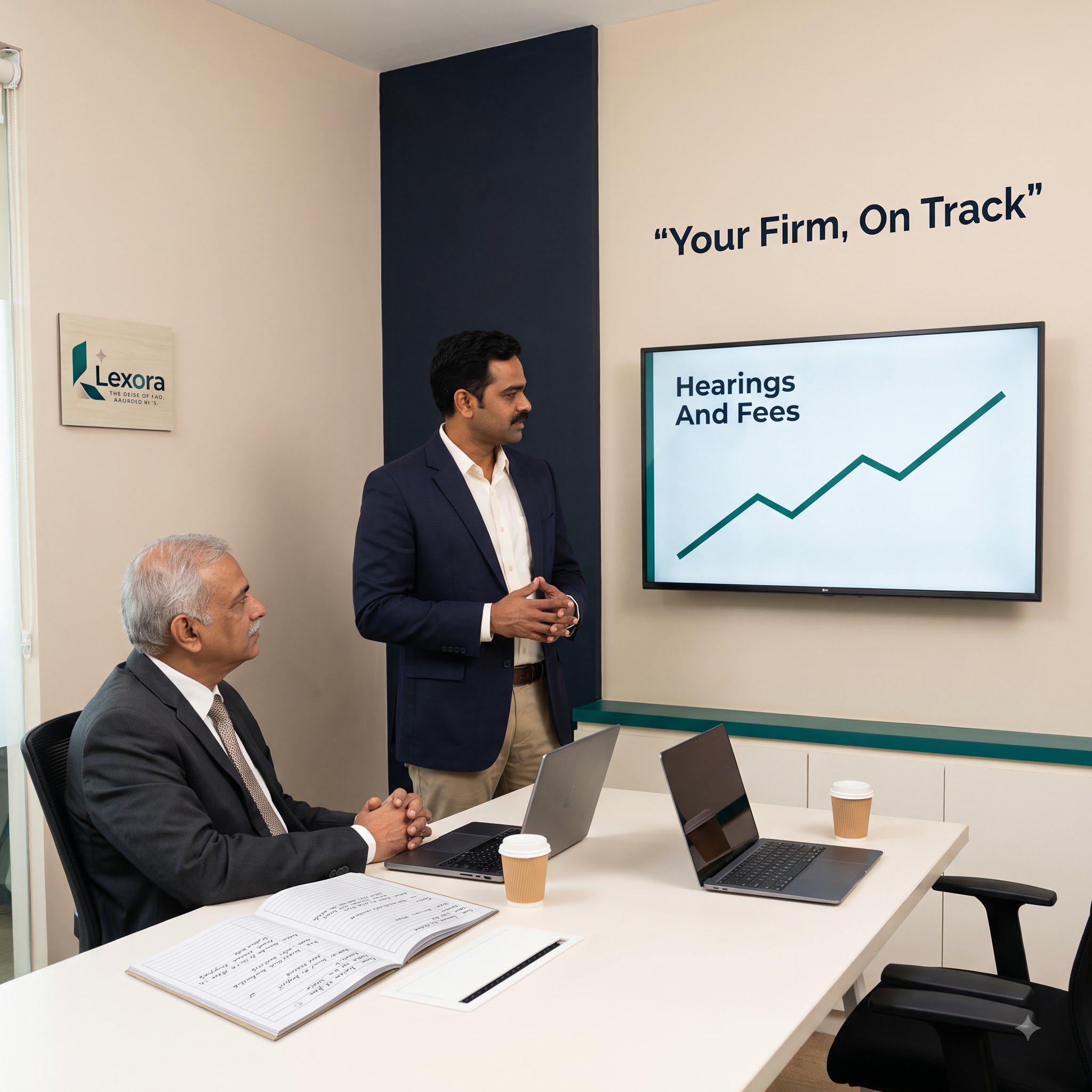 The founder with a senior advocate at a table under the words Your Firm, On Track, with hearings and fees on a screen.