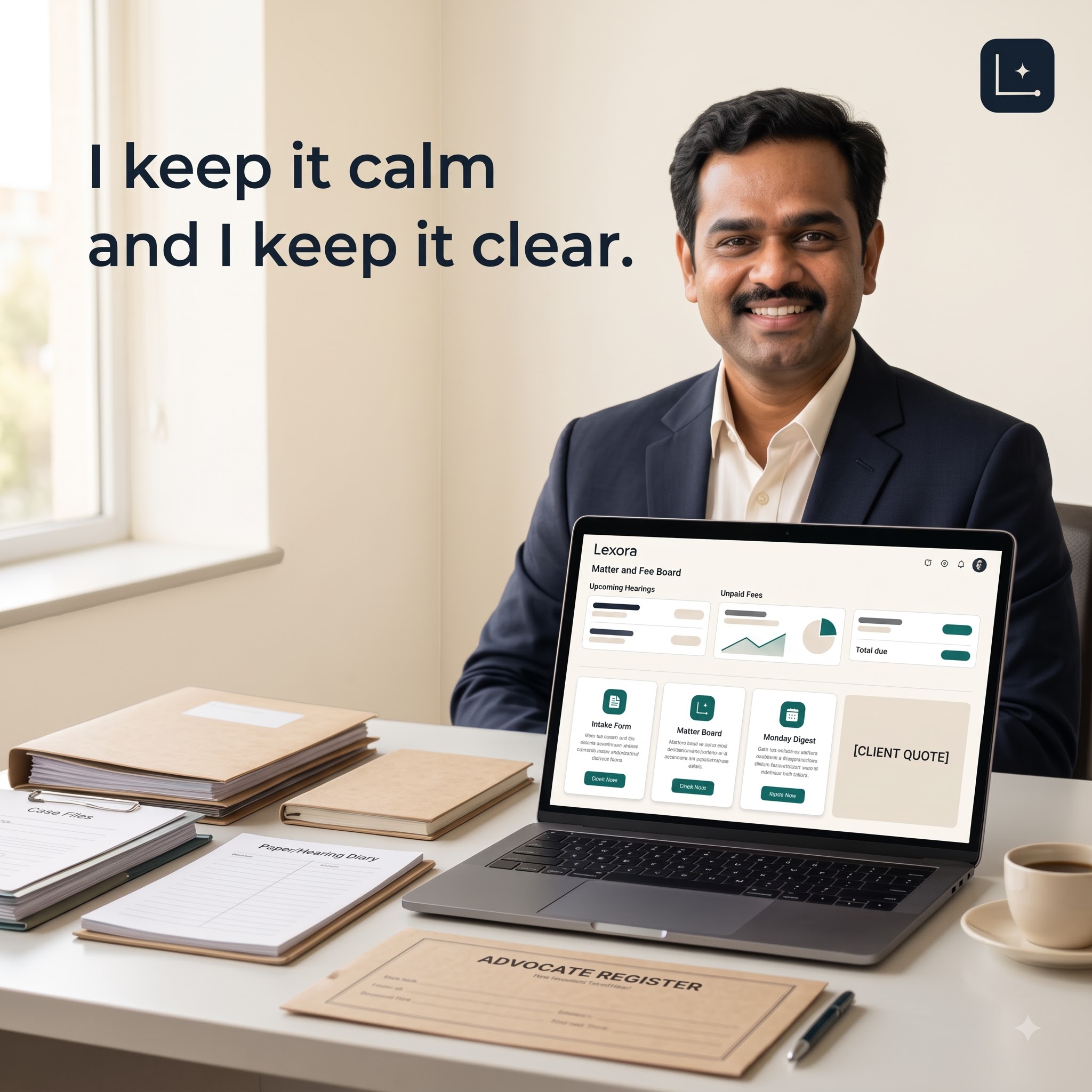 The founder of Lexora at his desk, smiling, with the matter and fee board open on a laptop beside a paper hearing diary and an advocate register.